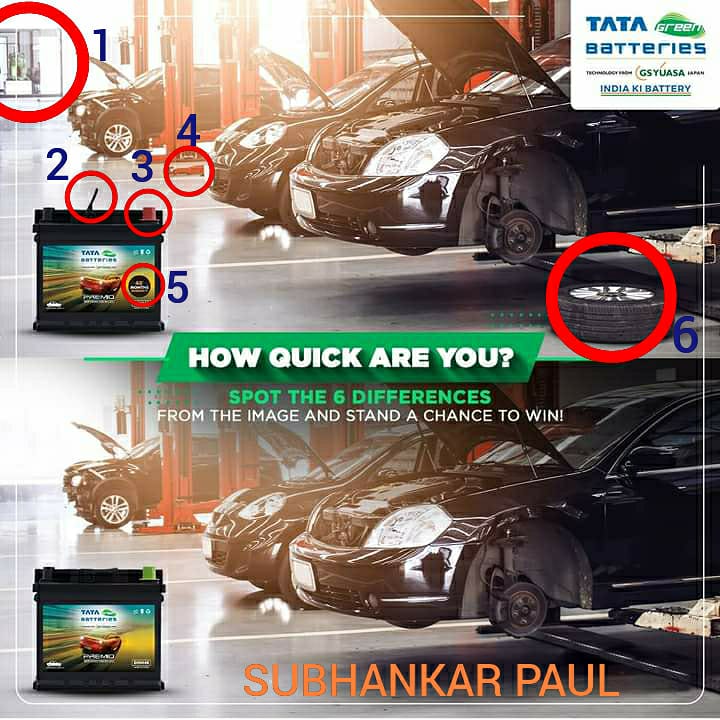 Subhank69937011's tweet photo. @Tatagreenbatery Spotted 6 differences dear team @Tatagreenbatery 

#ContestAlert #LuckyWinners #win #SpotToWin
#IndiaKiBattery #TataGreenBattery #TataGreenBatteries

Join friends 
@Antony0762
@VaishaliMaisur2 
@Renuka_Sharma14 
@Chhbi777 
@mysterioussu 
@priyobrota3 
@ImChandana01 https://t.co/7nl8h3khV3