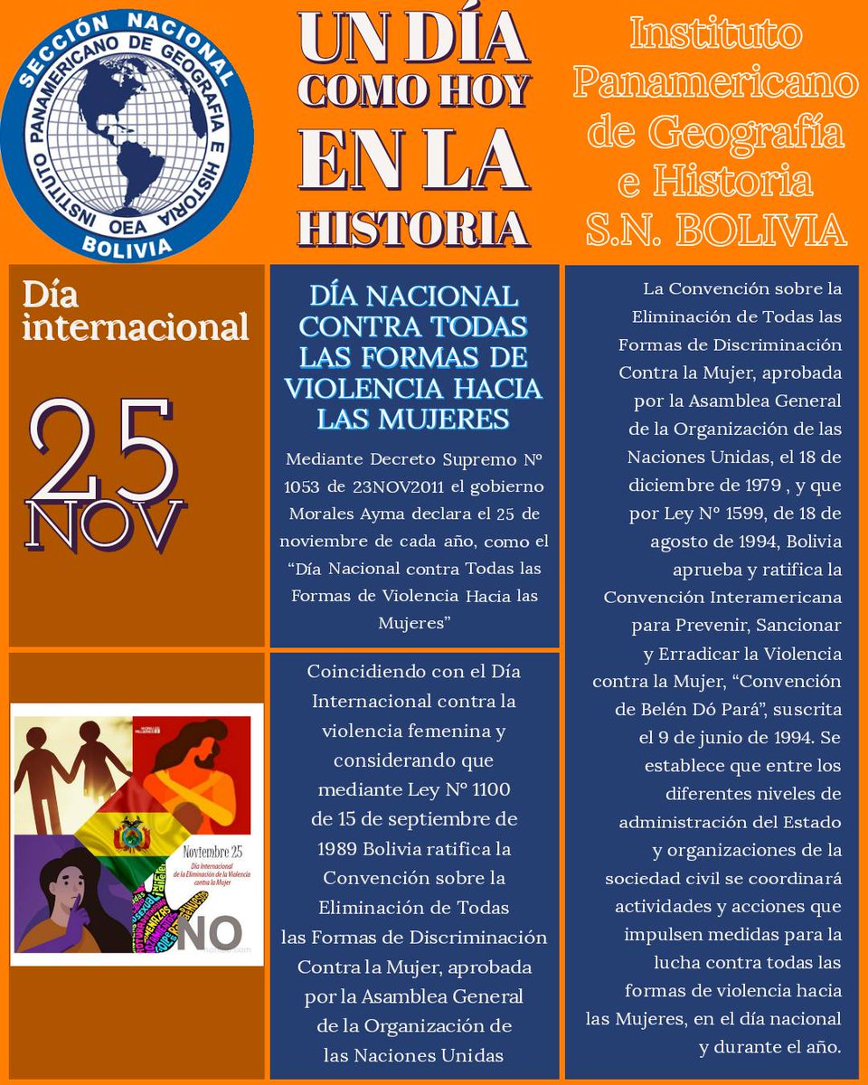 IGMbolivia's tweet photo. RT @ipghbolivia: 25 de noviembre. 

Día Nacional contra Todas las Formas de Violencia Hacia las Mujeres

Mediante DS 1053 de 23NOV2011 el gobierno Morales Ayma declara el 25 de noviembre “Día Nacional contra Todas las Formas de Violencia Hacia las Mujeres” https://t.co/EFzAxXOSEB