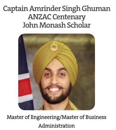YSPN_AU's tweet photo. Congratulations to Captain Amrinder Singh Ghuman of the Australian Army on becoming the 2021 ANZAC Centenary John Monash Scholar (General Sir John Monash Foundation). YSPN wishes Captain Ghuman all the very best and Chardi Kalla 🙏🏽To read more see https://t.co/8e4mD0Ly9s. https://t.co/7t0hnmOnh2
