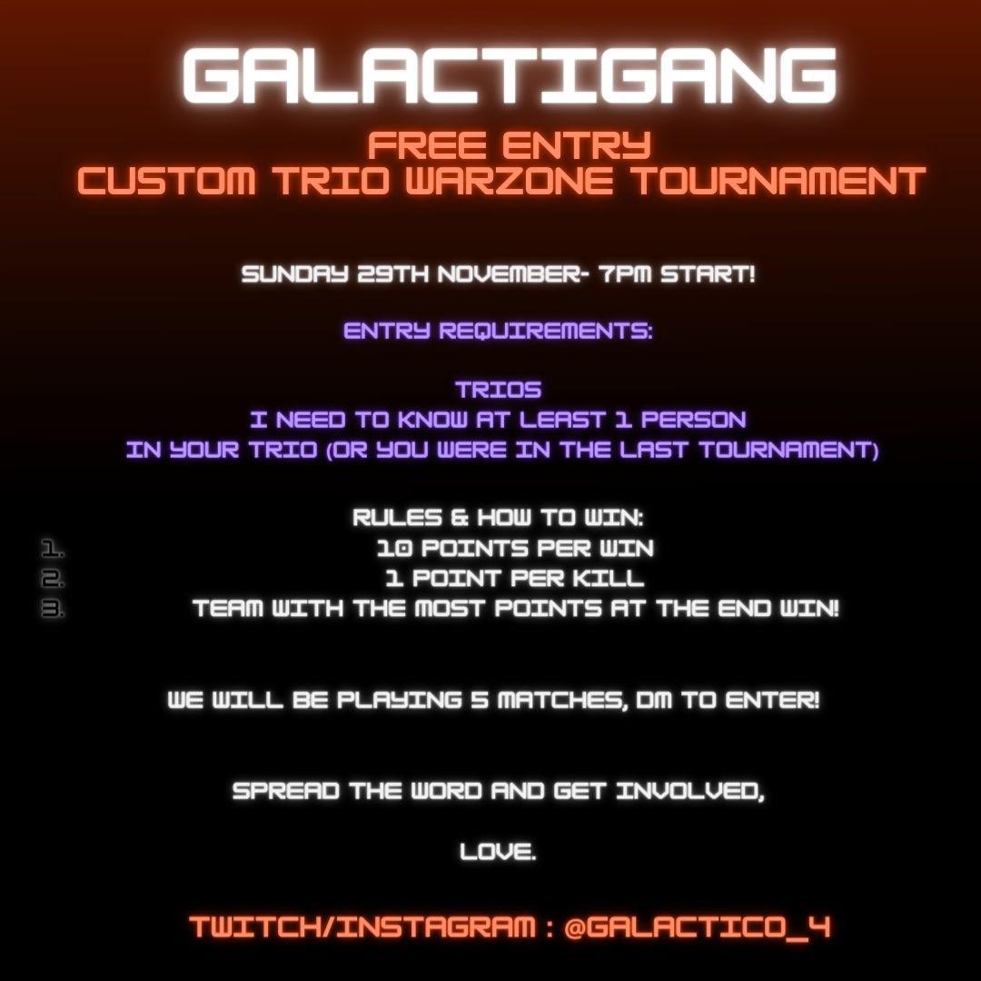 Galactigang's tweet photo. BACK AGAIN! GALACTIGANG WARZONE TOURNAMENT SUNDAY 29th NOVEMBER. DM ME TO ENTER https://t.co/JNwMsDx1cX