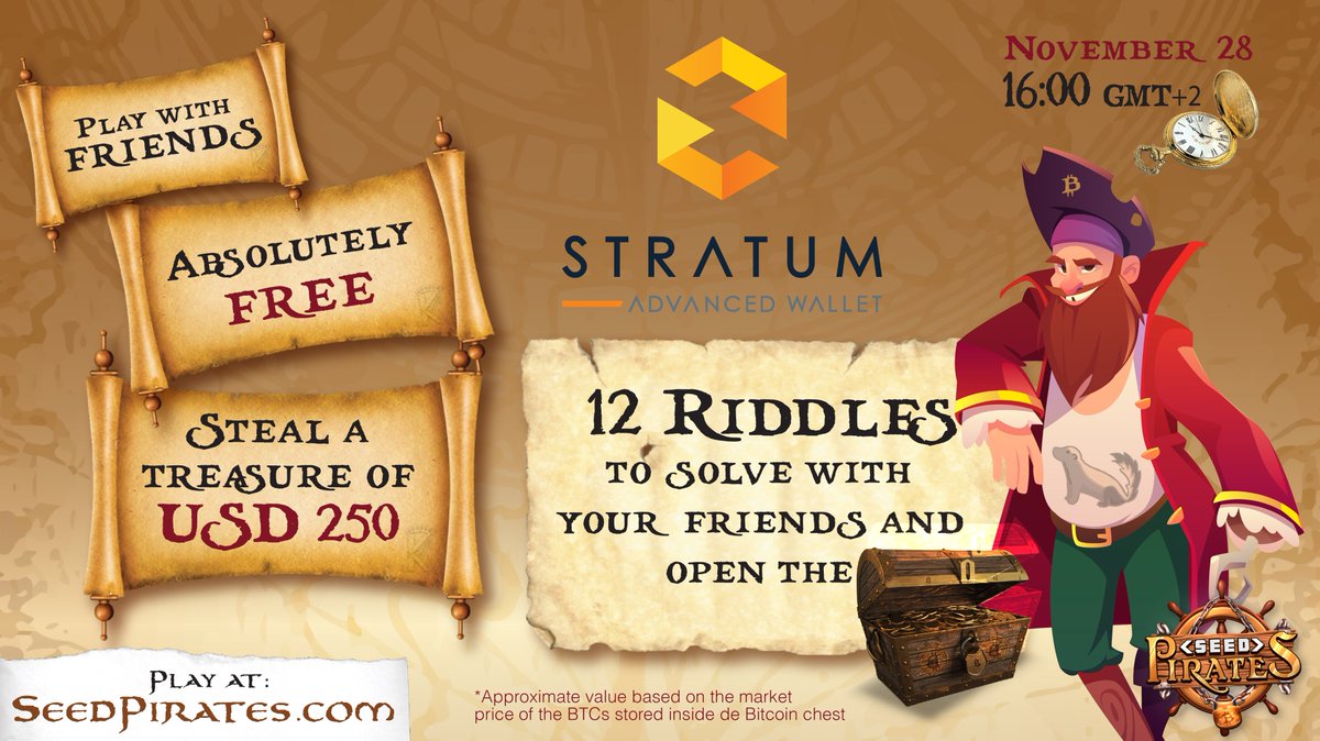 SeedPirates's tweet photo. 🏴‍☠️ This Saturday play and win 250 #USD with @StratumHK's chest 🥳💰

🎉 Guess 12 riddles in https://t.co/Fl3RYwgTMX and get the treassure!😃 

#Bitcoin #friends #family #game @GroupStratum #seedpirates https://t.co/u3uFte2CID