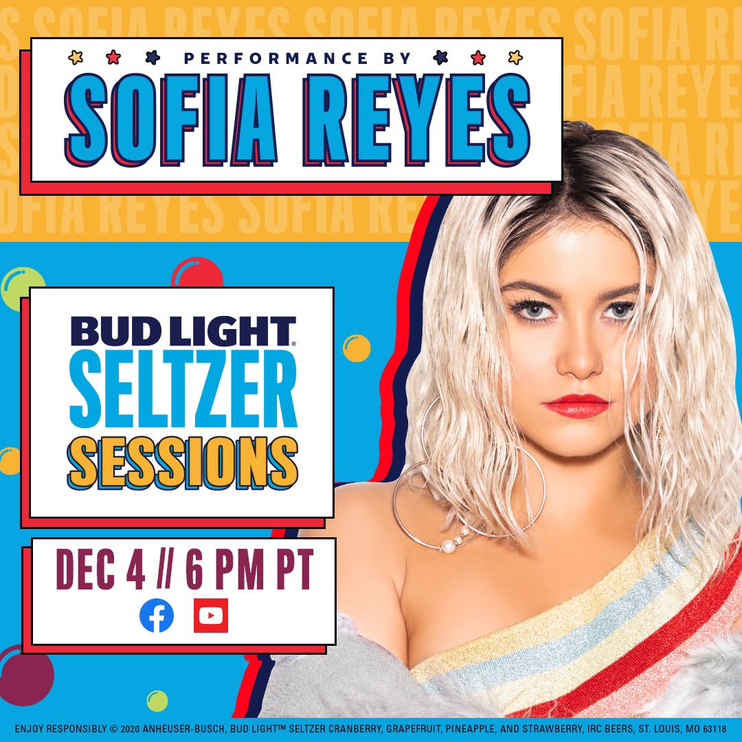 Next Friday, December 4th at
6PM PT Sofia Reyes will be giving an exclusive concert 🎙 that will stream live from YouTube and Facebook Live, as a part of @BudLight #SeltzerSessions. So, get ready to 🎶 , enjoy and toast🥂! Must be 21+ to attend. #ad