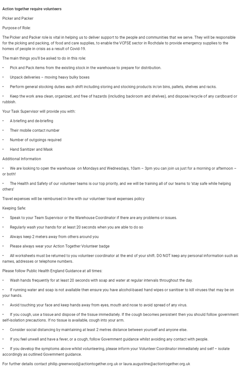 Action together require volunteersPicker and PackerPurpose of Role:The Picker and Packer role is vital in helping us to deliver support to the people and communities that we serve. They will be responsible for the picking and packing, of food and care..