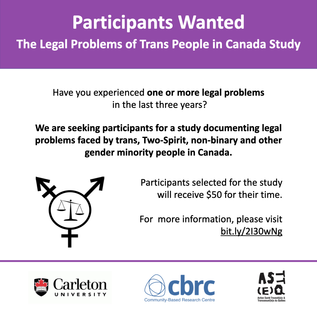 Call for Participants – “A Qualitative Look at Serious Legal Problems: Trans People in Canada”. 
If you are interested in participating, please go to bit.ly/2I30wNg for more information and to fill out an online eligibility screener.

<a href="/ASTTeQ/">ASTTeQ</a> <a href="/Carleton_U/">Carleton University</a> <a href="/CBRCtweets/">CBRC</a>
