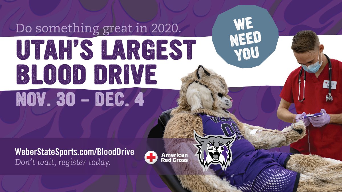 Make a difference this holiday season and give blood next week at the Dee Events Center. We're aiming for 1,000 donations to make this one of the biggest blood drives of the year!🩸 #BleedPurple 

To register, visit this link: weberstatesports.com/blooddrive