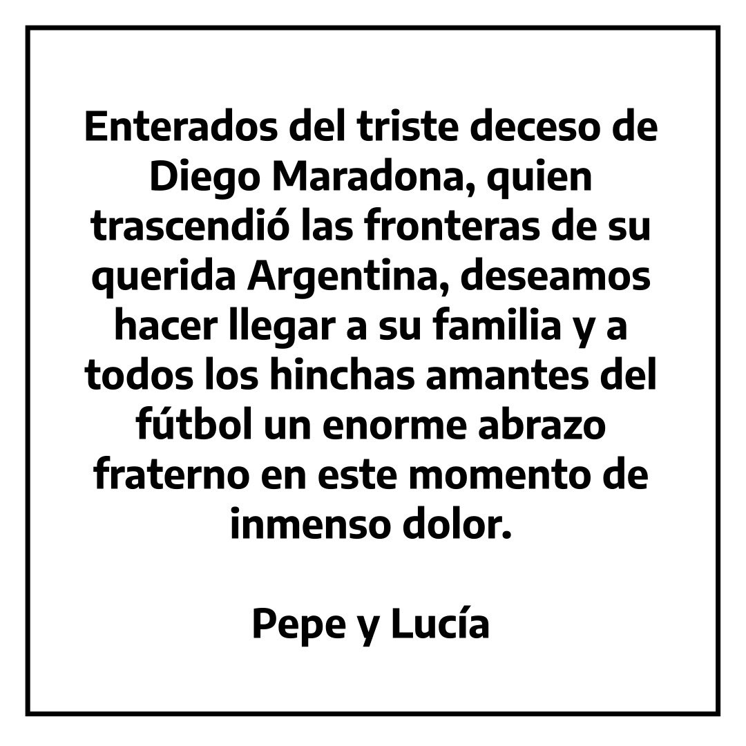 alferdez's tweet photo. Mensaje de Pepe Mujica y Lucía Topolansky desde Uruguay. Les agradezco a ambos el cariño por Diego y por nuestro país. Los abrazo a la distancia. https://t.co/GT6tSt9S0l