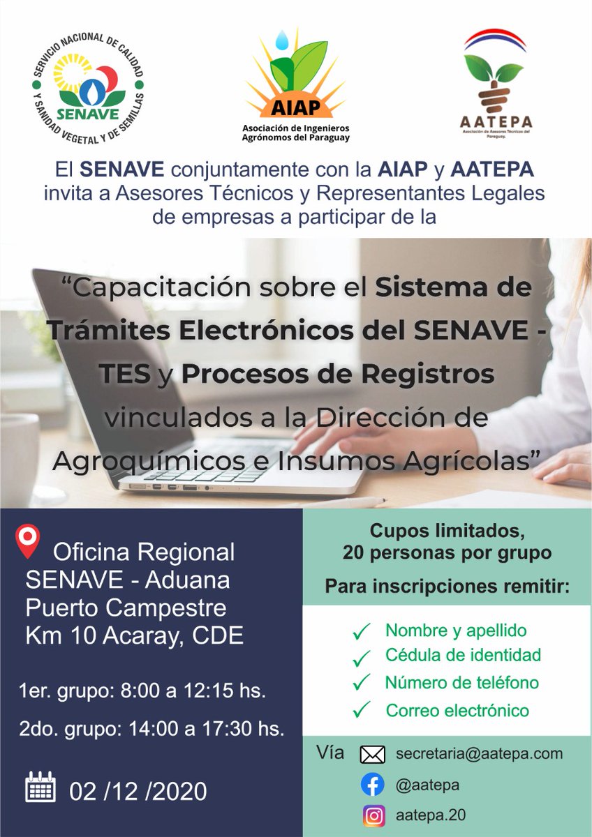 SENAVEParaguay's tweet photo. Capacitación sobre el Sistema de Trámites Electrónicos del #SENAVE vinculados a la Dirección de Agroquímicos e Insumos Agrícolas.

🗓️ 02/12/2020 

📍Oficina Regional SENAVE - Aduana, Pto Campestre, CDE

✅Dirigido a Asesores Técnicos y a representantes legales de empresas. https://t.co/kBQ7uBzaWu