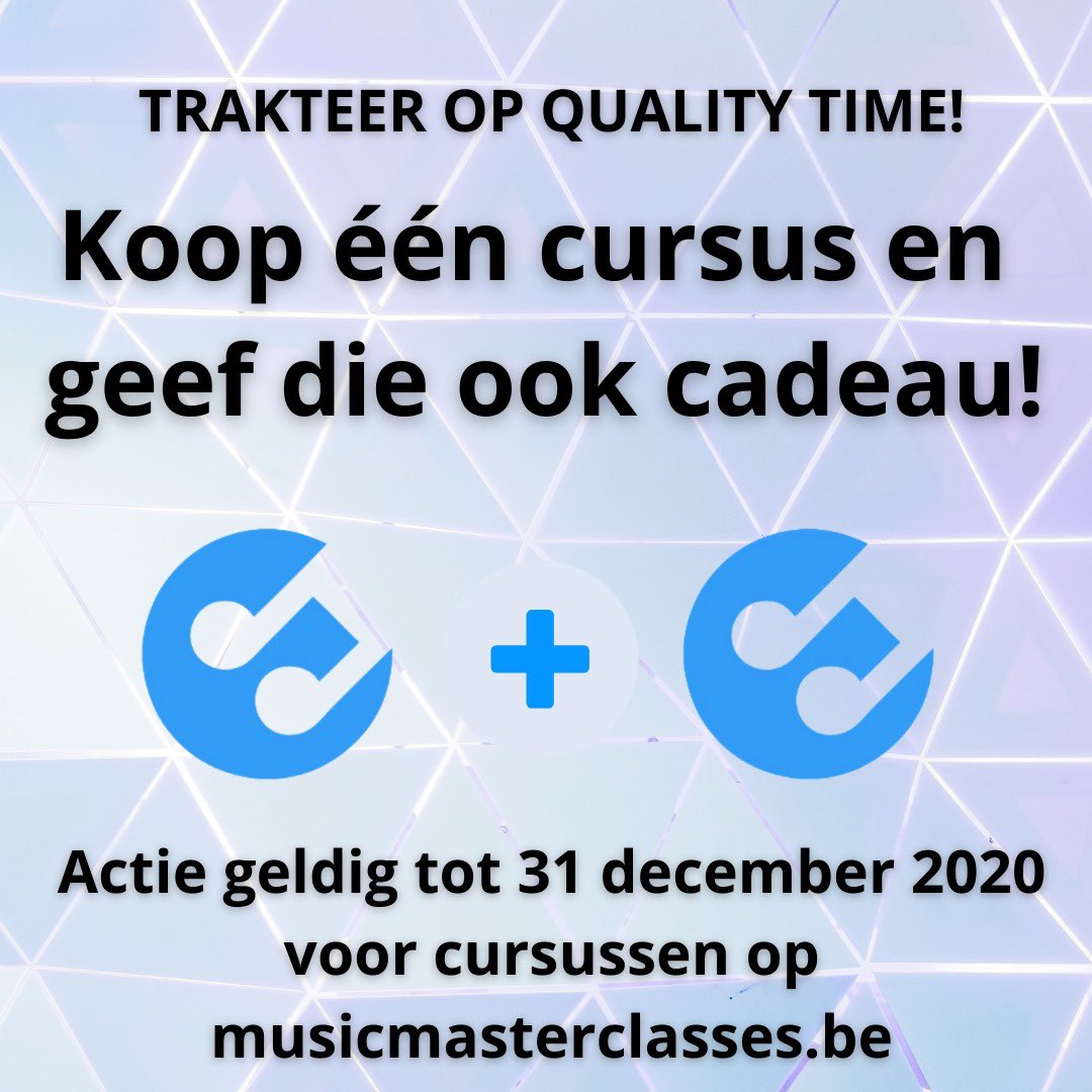 musicmastercla1's tweet photo. De klok tikt voor jou en je maat!
Koop vanaf nu tot 31 december 2020 een cursus naar keuze op https://t.co/CU24EDFpdK en geef diezelfde cursus ook cadeau!Bij aankoop van een cursus krijg je tijdens deze actie een couponcode toegestuurd van 100% korting.Die geef je aan wie je wil! https://t.co/Yh7KwwJNvO