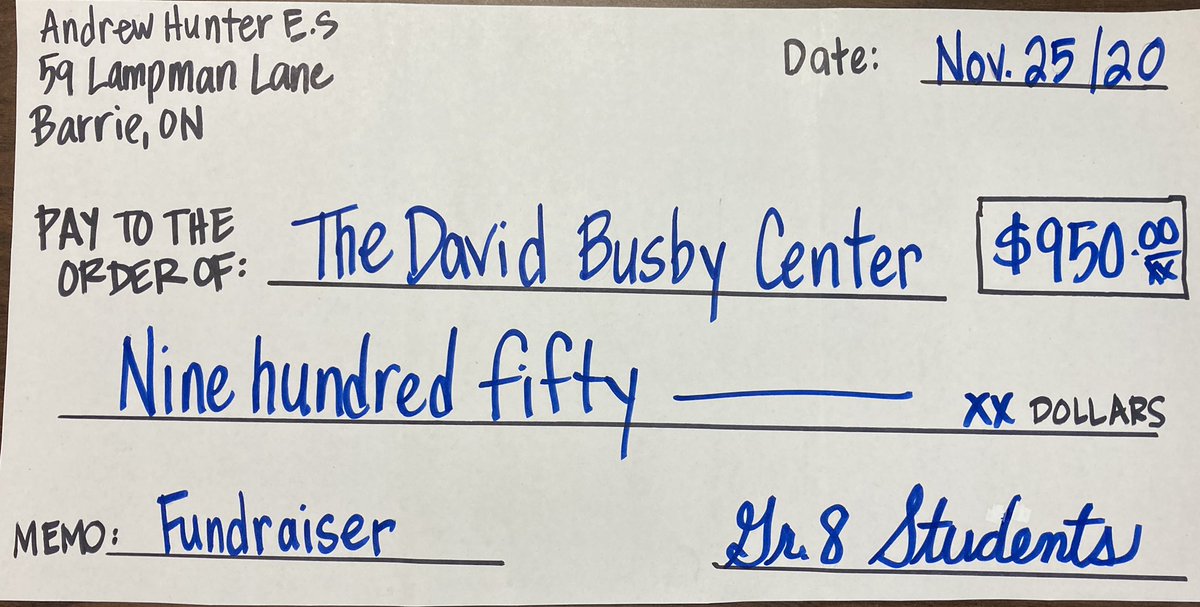Purposeful letter writing paid off! Our G8 Ss <a href="/AndrewHunterES/">Andrew Hunter E.S. #scdsbBestKeptSecret</a> asked local businesses to support <a href="/BusbyCentre/">Busby Centre</a> and collected $950 in gift cards. We are #grateful for FreshCo/Loblaws/Zehrs/GiantTiger/Costco/Cabela’s for their generosity during this tough time #Hope <a href="/SCDSBProgram/">SCDSB Student Achievement</a>