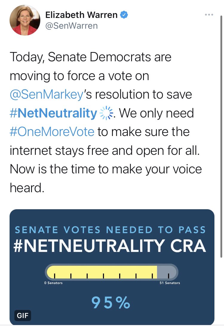 There was a concerted push in the Senate, so it makes sense to start there, where we had many, many examples of people who get paid by your tax dollars pushing a bogus conspiracy theory that repealing  #NetNeutrality   would mean no more internet.  @SenWarren led the charge.
