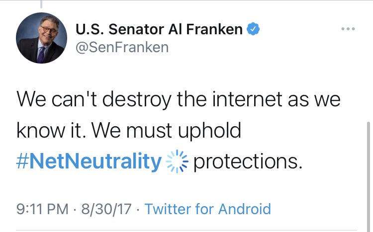 Perhaps the most needlessly dramatic came from (former)  @SenFranken, who called “ #NetNeutrality   [the] free speech issue of our time” which, I think it’s safe to say, has not been a call supported by recent history.