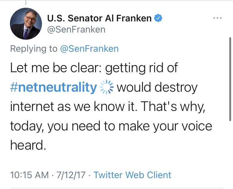 Perhaps the most needlessly dramatic came from (former)  @SenFranken, who called “ #NetNeutrality   [the] free speech issue of our time” which, I think it’s safe to say, has not been a call supported by recent history.