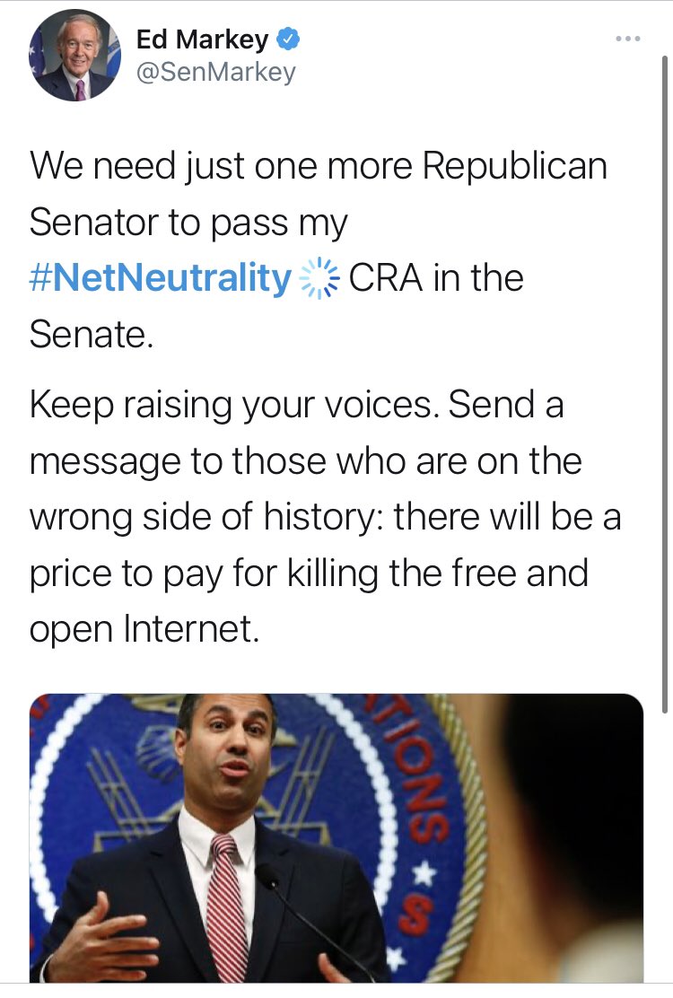 But she wasn’t alone. Her Massachusetts compatriot,  @SenMarkey, was right behind her, with claims every bit as outlandish. Repealing  #NetNeutrality   would mean “killing the free and open internet.”Okay.