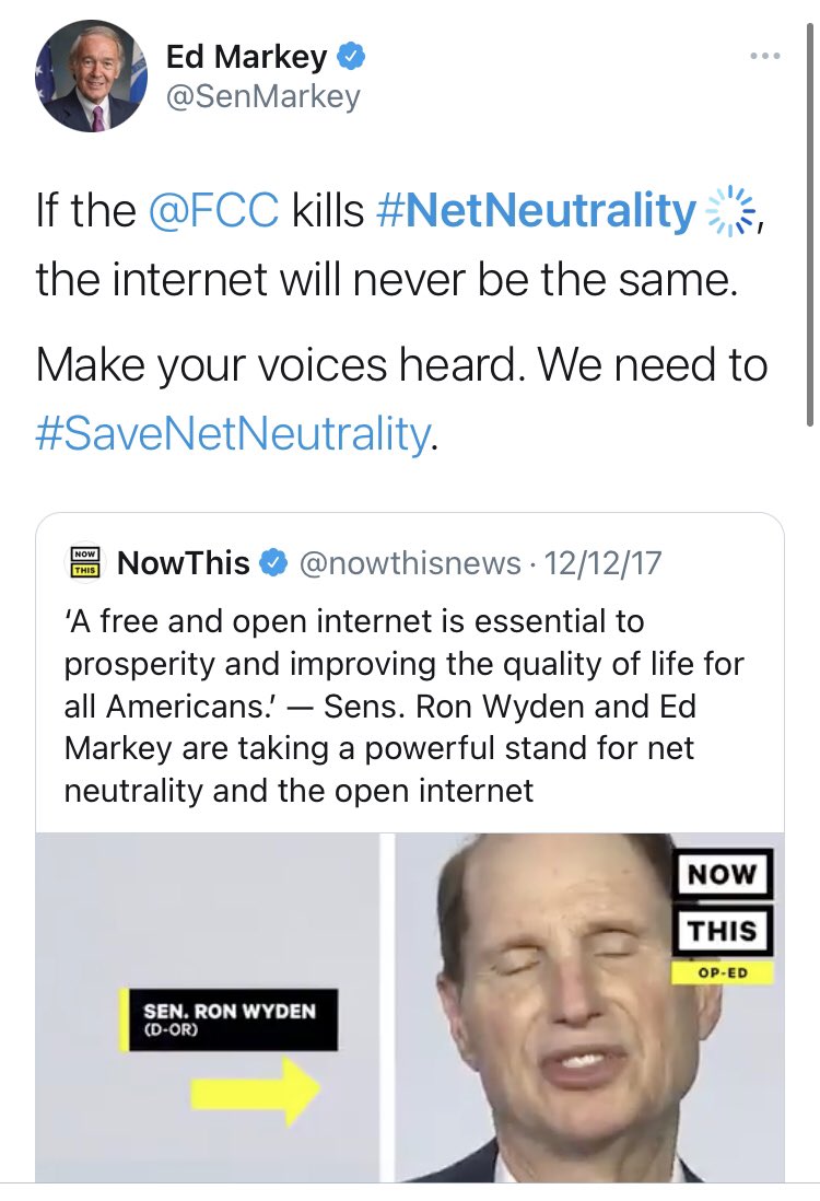 But she wasn’t alone. Her Massachusetts compatriot,  @SenMarkey, was right behind her, with claims every bit as outlandish. Repealing  #NetNeutrality   would mean “killing the free and open internet.”Okay.