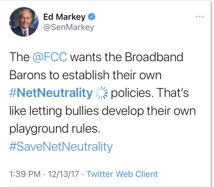 But she wasn’t alone. Her Massachusetts compatriot,  @SenMarkey, was right behind her, with claims every bit as outlandish. Repealing  #NetNeutrality   would mean “killing the free and open internet.”Okay.