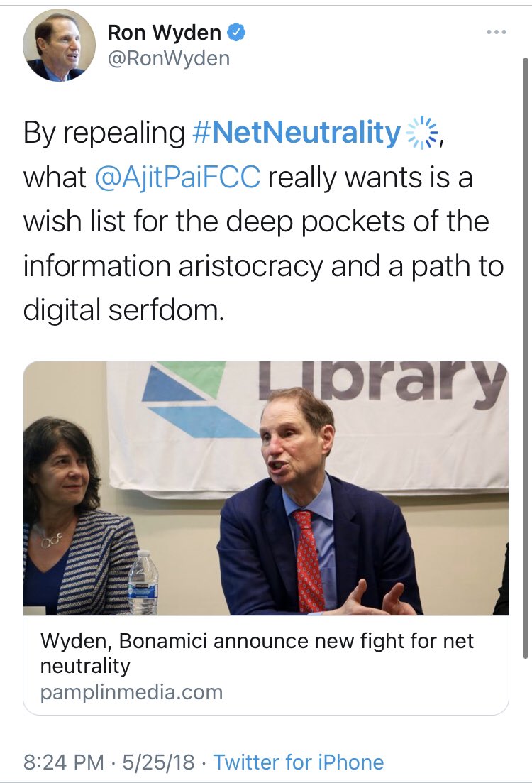 He gets a good run for his money from  @RonWyden though, who promised us - I kid you not - “digital serfdom” (!!) if the rules were reversed.