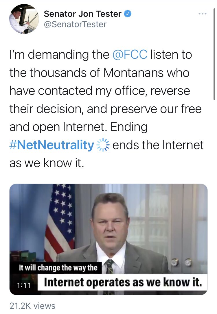 “Ending  #NetNeutrality   ends the internet as we know it” said  @SenatorTester, who was joined by  @CoryBooker as part of a “Day of the Action” for all this. Simpler times, man.