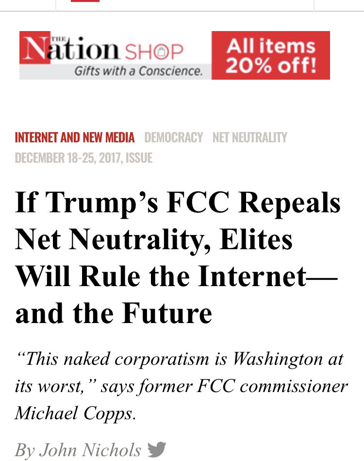 There were lots of others, too. Here’s just a smattering of the headlines from the Bad Old Times, from: @NBCNews (“ending net neutrality will destroy everything that makes the internet great”) @guardian ( @AjitPaiFCC was “the man who could doom”) @thenation & @GQMagazine (lol)