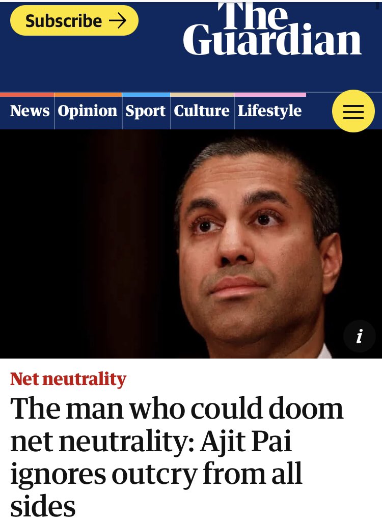 There were lots of others, too. Here’s just a smattering of the headlines from the Bad Old Times, from: @NBCNews (“ending net neutrality will destroy everything that makes the internet great”) @guardian ( @AjitPaiFCC was “the man who could doom”) @thenation & @GQMagazine (lol)