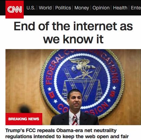 From the Democrats lips to the media’s ears, in what would become a trend over the interceding years. Leading the hysterical charge here was - shocker! -  @CNN, who declared the “End of the internet as we know it” on their homepage. Any follow up on that one, guys?