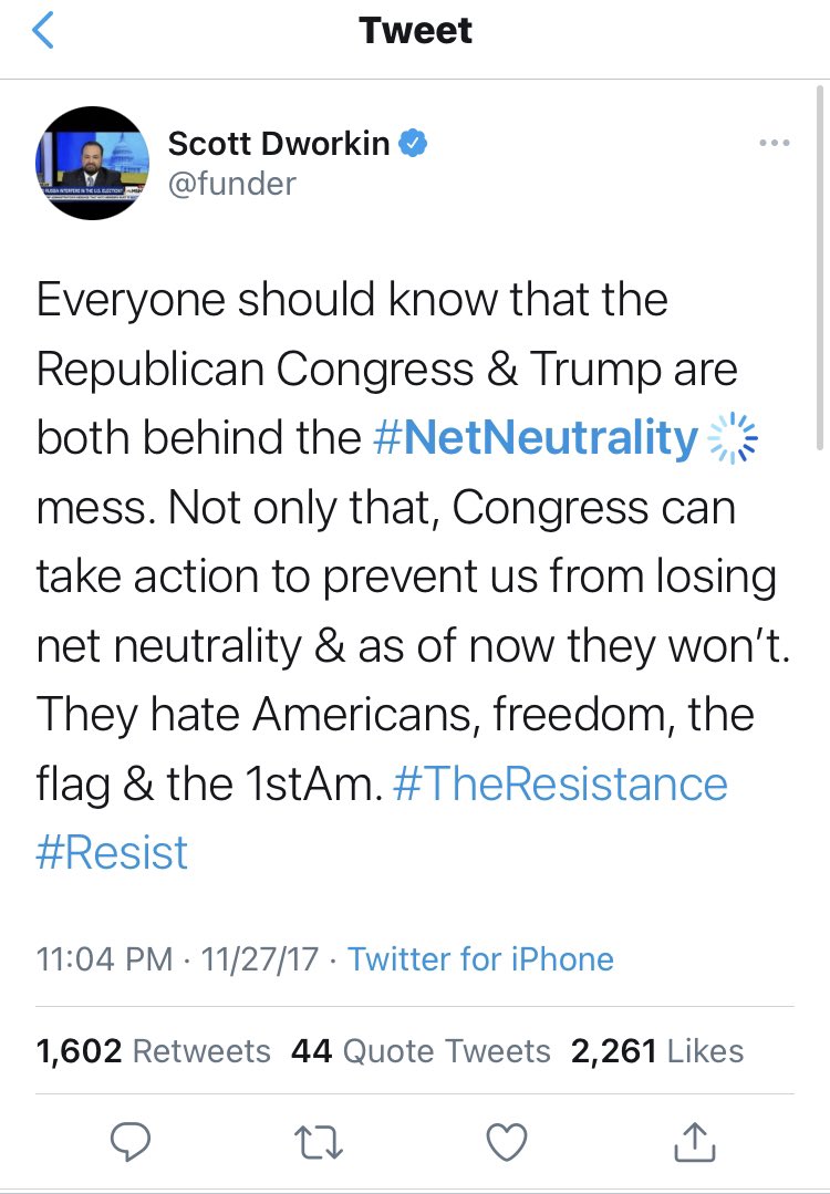 There are few people in politics who are more hateful than  @funder. This was just one of many examples.Ryan was a “traitor” for not scheduling a vote on  #NetNeutrality  ? Goodness. I try to take most people in good faith on these threads. Dworkin is an exception. Just shameful.