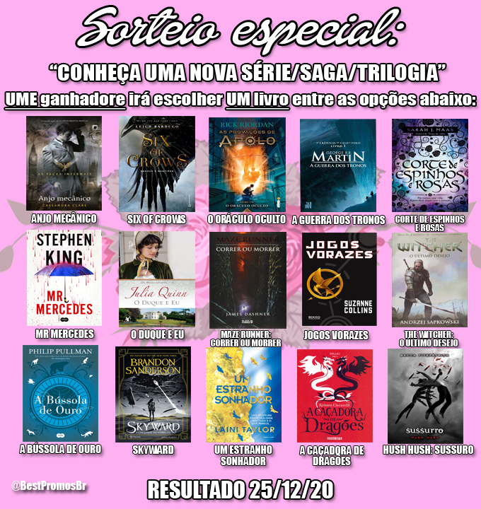 BestPromosBr's tweet photo. 📚 SORTEIO "CONHEÇA UMA NOVA SÉRIE/SAGA/TRILOGIA" 📚

UME ganhadore irá escolher UM livro entre as opções abaixo. Para concorrer você deve seguir as regras:

• Dar RT nesse tweet 
• Seguir a conta @BestPromosBr
• Dizer nos comentários qual livro quer ganhar

RESULTADO 25/12/20 https://t.co/QGn5r4Pl3h