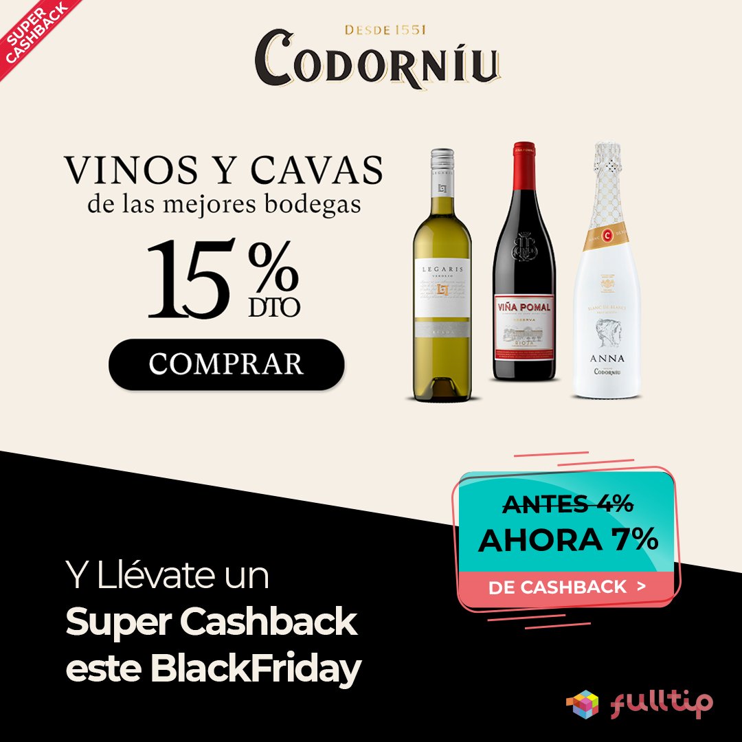fulltip's tweet image. Eres un amante del vino y el cava? Aprovecha el Black Friday para conseguirlo de las mejores bodegas y al mejor precio! 🍾
Además, ahora te damos un 7% de cashback!

Anímate y ahorra con Fulltip.

fulltip.com/producto/Codor…