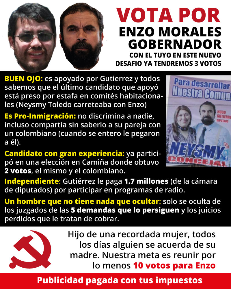augustoiqq's tweet photo. @EnzoMorales 2 votos sacaste cuando postulaste para Camiña, y después te olvidaste de tu amor por el pueblo. Deja de esconderte de la justicia. SINVERGUENZA #iquique @matias_ramirezp @lanuevasuperiqq @radiopaulina @AlcaldeFerreira @RenzoTrisotti @ramongallec  @Hugo_Gutierrez_ https://t.co/QsSYwb4FWL