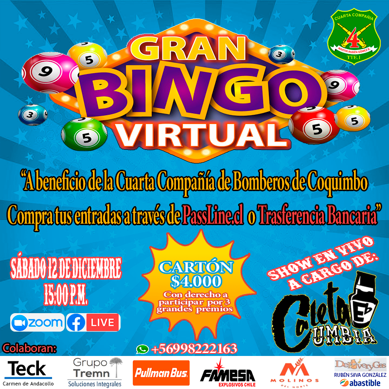 Cuarta_Coquimbo's tweet photo. Gran Bingo Online a Beneficio de la Cuarta Compañía Bomberos de Coquimbo, compra tus entradas en https://t.co/xO6ds2Xv6Q
o a través de nuestro contacto. https://t.co/bz0IrK4nOm