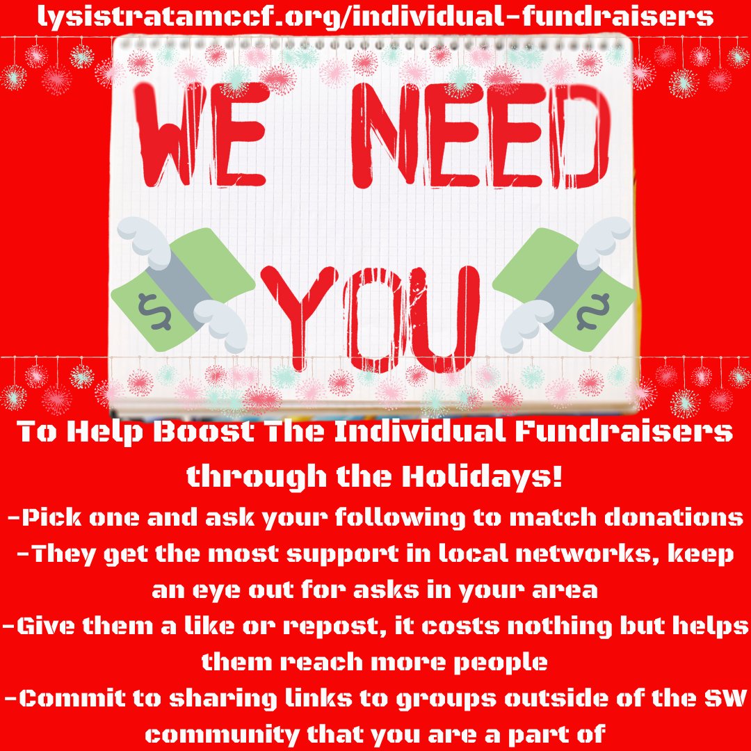 New individual fundraiser thread! We also have a page for these on our website if you have a hard time picking one and want to contribute to a fund pool to split up. If you are a seasonal $$$ giver this is a great way to help house folks for the holidays!  https://www.lysistratamccf.org/individual-fundraisers