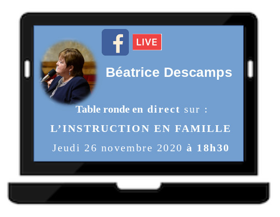 Intéressé(e.s) par la question de l'#instructionenfamille, menacée par la future loi sur les principes #republicains ? 
⬇️
Assistez en direct sur ma page Facebook @bddeputee2159 à une Table Ronde avec famille, asso, psychiatre, académie 
Jeudi 26 novembre à partir de 18h30