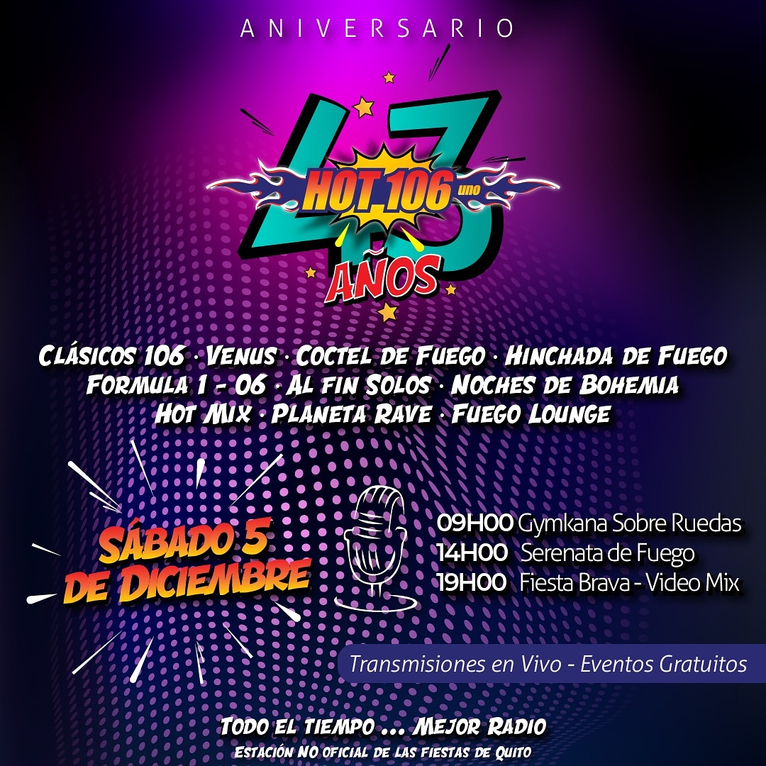 Este sabado 5 de Diciembre celebra con nosotros los 43 años de Hot 106 Radio fuego.. Gymkanas, Serenatas y la fiestas virtual (Video mix /mixclaud) GRATIS... HOT 106 RADIO FUEGO 43 AÑOS.. TODO EL TIEMPO, MEJOR RADIO. #HOT106FUEGO43AÑOS