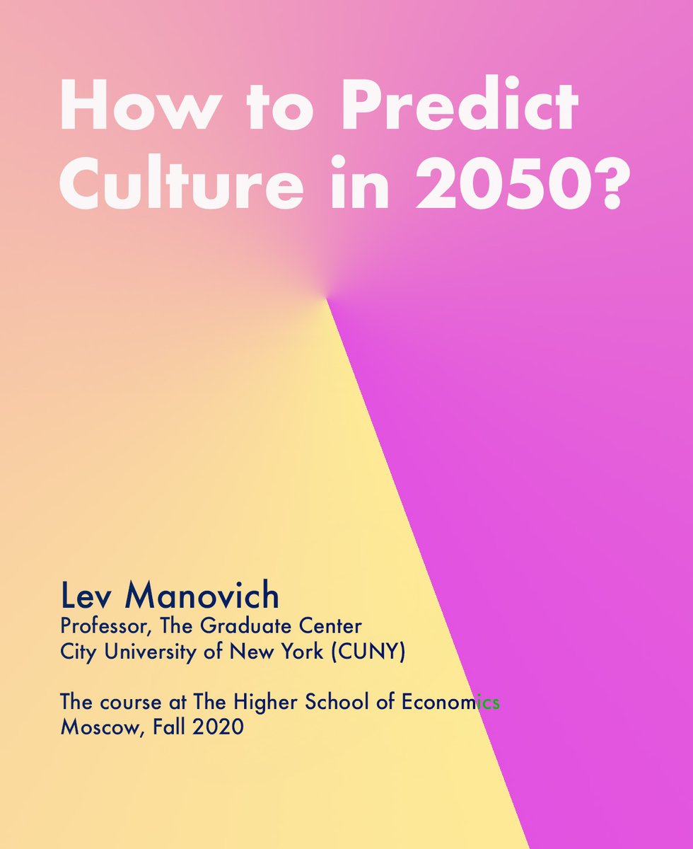 manovich's tweet image. I am currently teaching a new course that I called &quot;How to Predict Culture in 2050?&quot; Humanities usually deal with the past or present. How can we use cultural histories &amp;amp; theories to predict cultural forms &amp;amp; aesthetics in the future decades? app.milanote.com/1Kxgc81Lmfvj68…