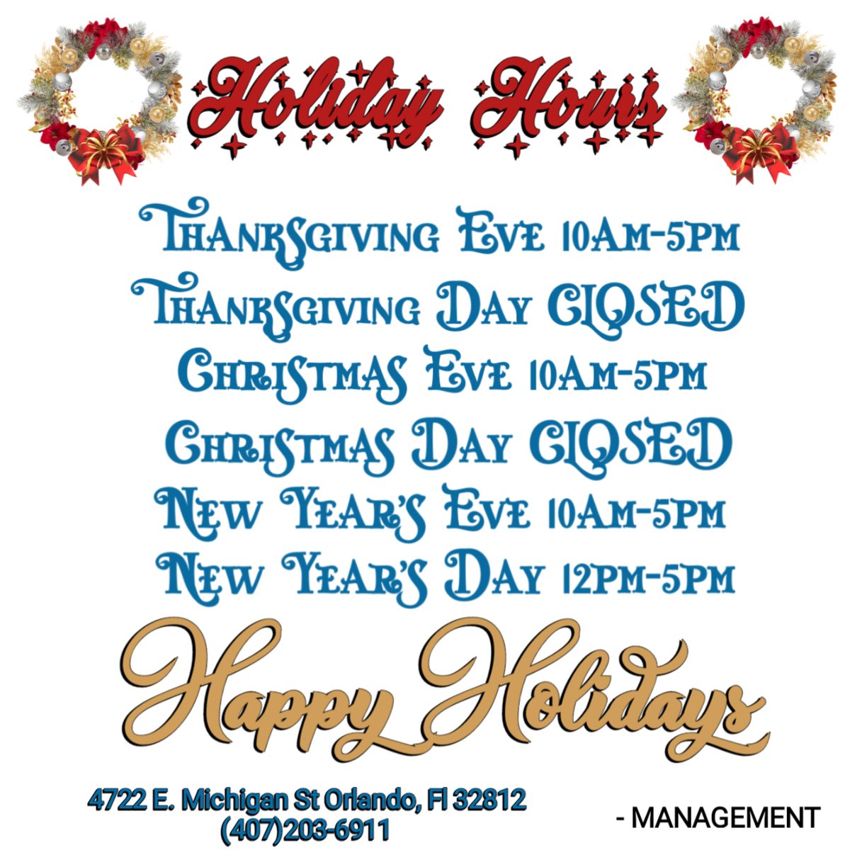 BoostMichigan's tweet image. HOLIDAY HOURS

4722 E. MICHIGAN ST
ORLANDO, FL 32812

(407)203.6911