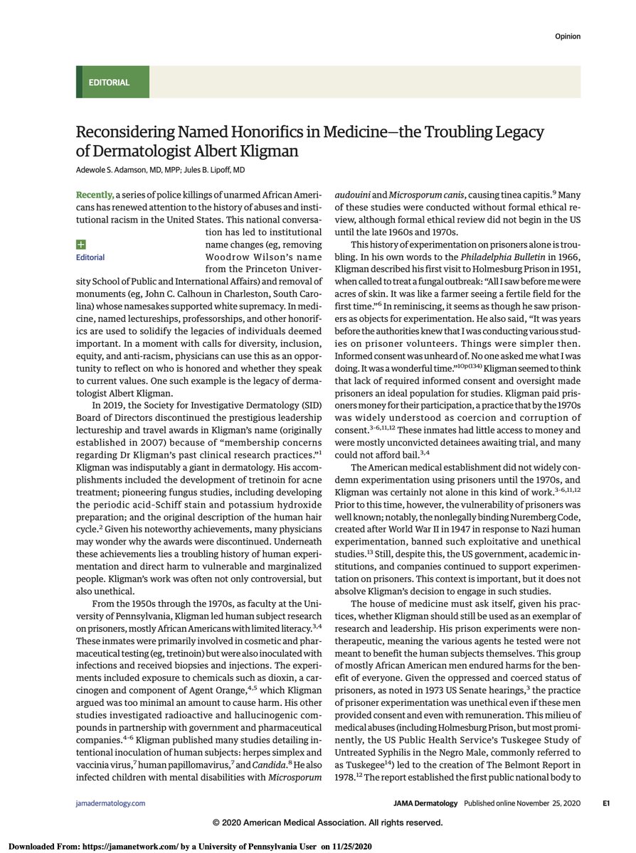 juleslipoff's tweet photo. The house of medicine must ask itself if, given his practices, famous Penn dermatologist and Retin-A inventor Albert Kligman should still be used as an exemplar of research and leadership.

Proud to write this in @JAMADerm with @AdeAdamson #dermtwitter

https://t.co/KXRbzdewol https://t.co/gE5XptlJjg