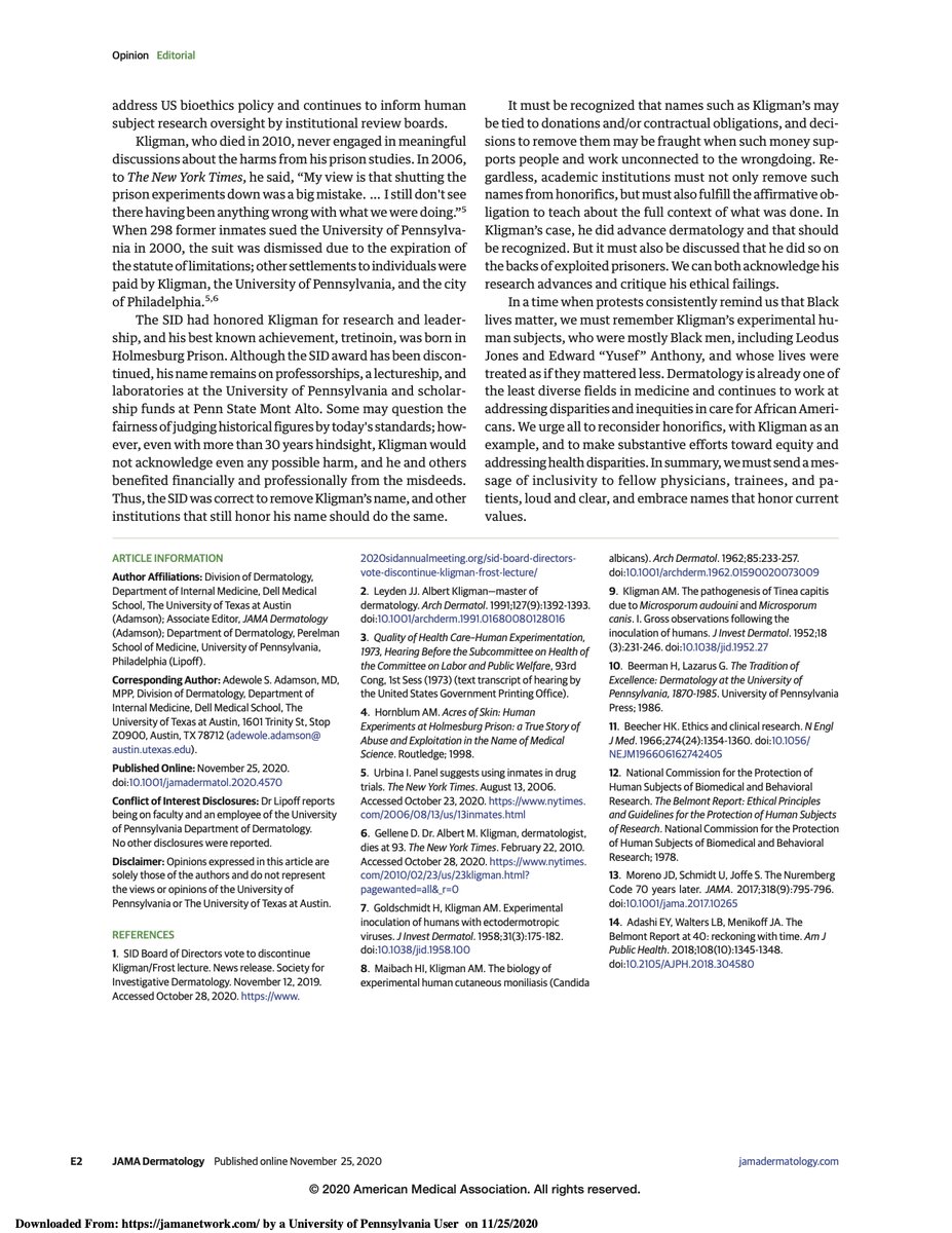 juleslipoff's tweet photo. The house of medicine must ask itself if, given his practices, famous Penn dermatologist and Retin-A inventor Albert Kligman should still be used as an exemplar of research and leadership.

Proud to write this in @JAMADerm with @AdeAdamson #dermtwitter

https://t.co/KXRbzdewol https://t.co/gE5XptlJjg