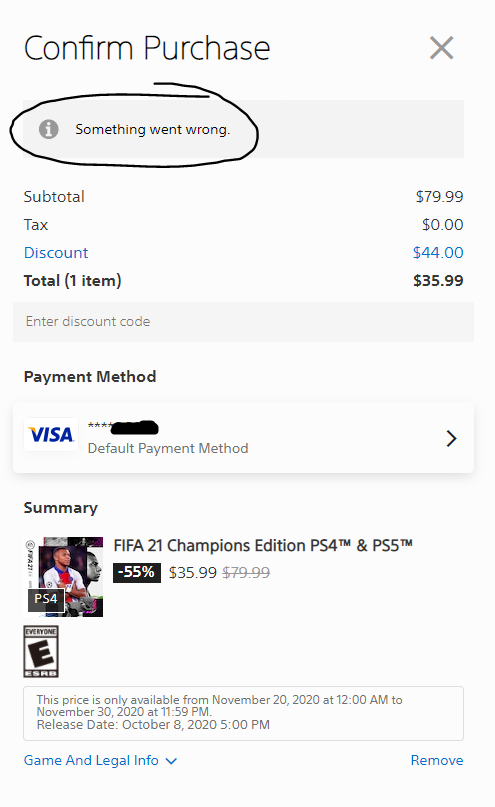 gaur_amit's tweet photo. @AskPlayStation Hi, I'm not able to purchase FIFA 21 from PS store, tried 3 different credit cards and still getting an error. Also tried adding funds to Wallet but getting same error. https://t.co/xzsEWLQYEx