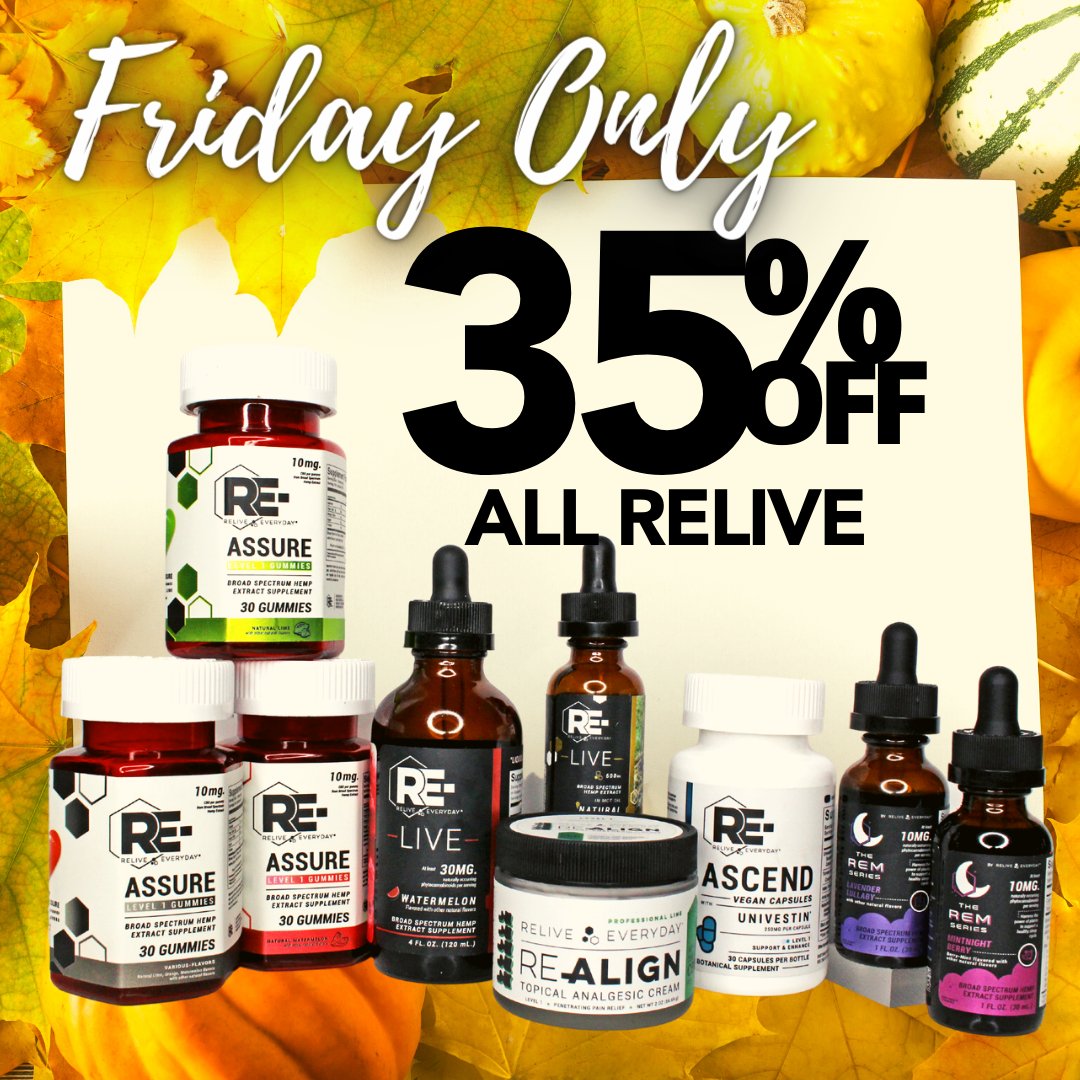 Our Black Friday Deal starts NOW! Today only, you can save 35% on ALL Relive Everyday products! Shop here:

healthyhemp.com/shop/?brand=re…

#blackfriday #blackfridaydeals #cbd #hemp #sale #vegan #health #wellness #CannabisCommunity