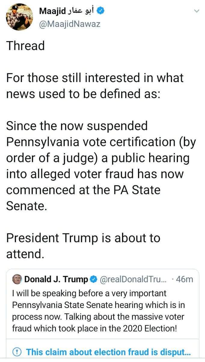 This is now straightforward misinformation from MN, pretending it is ignored "news"- certification has not been suspended by a judge- it is not a public hearing, nor a "PA State Senate hearing", as Trump falsely calls it.MN's Tweet has got a flag from Twitter as "disputed"