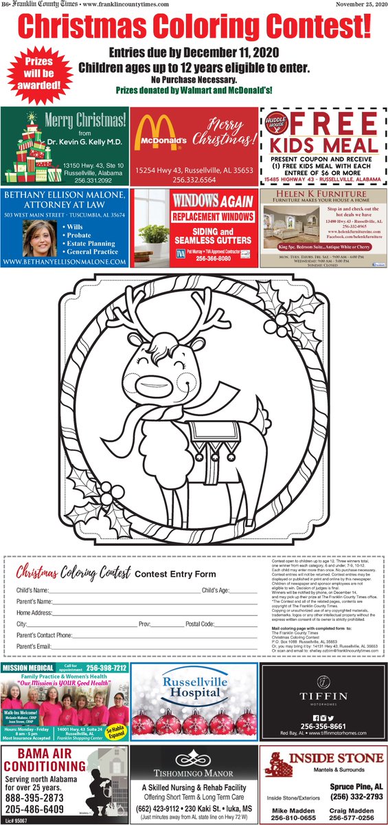 Kids! Did you see the new coloring page in this week's FCT? A reindeer bringing Christmas cheer! The contest will continue the next two weeks — and we have some great prizes for the best colorers out there! Parents, we'd love you to support the businesses sponsoring this contest.