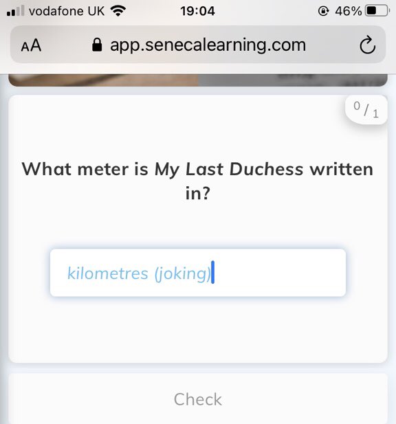 A Year 11 sent me this screenshot of their homework on Seneca - “I understand you might not appreciate this Miss”. The fact they’ve gone out of their way to make me laugh when I’ve been pretty grumpy at school recently... I appreciate that more than they realise. #teamenglish