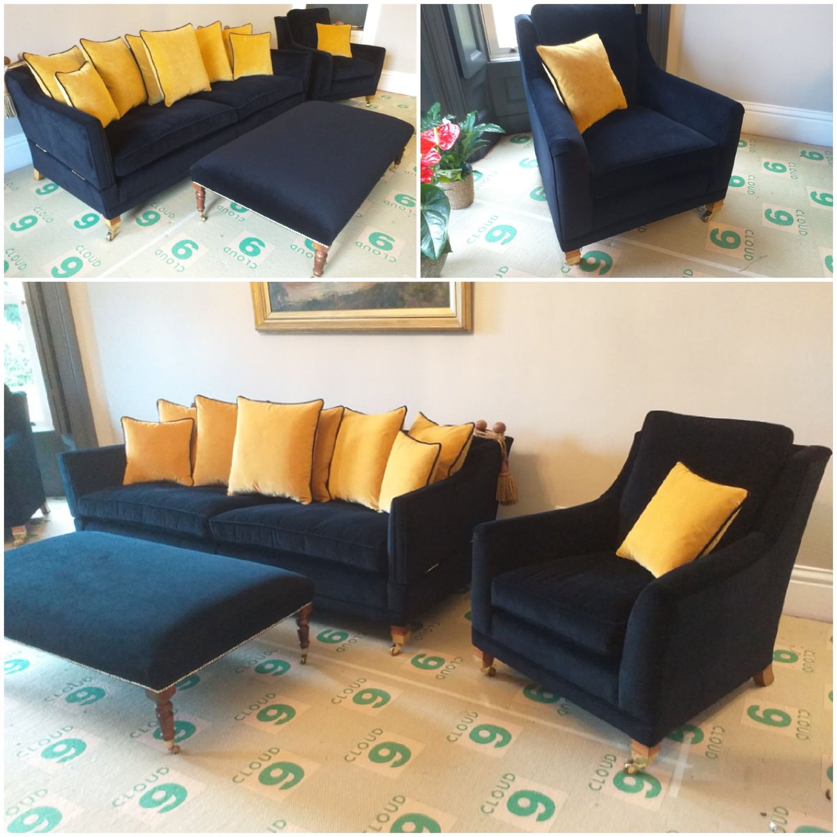 Reupholstered this duresta knoll arm sofa and chairs in Linwood omega velvet