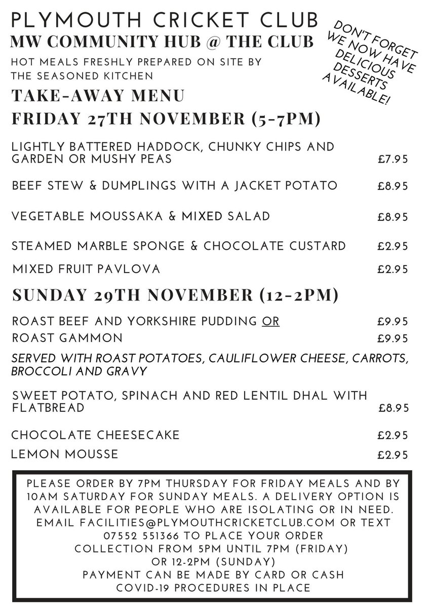 We have got some fantastic takeaway selections for you this week both for Friday evening &amp; Sunday lunchtime. Don’t forget also to order one of the delicious desserts. Please order by 7pm on Thursday for Friday &amp; by 10am on Saturday for Sunday.