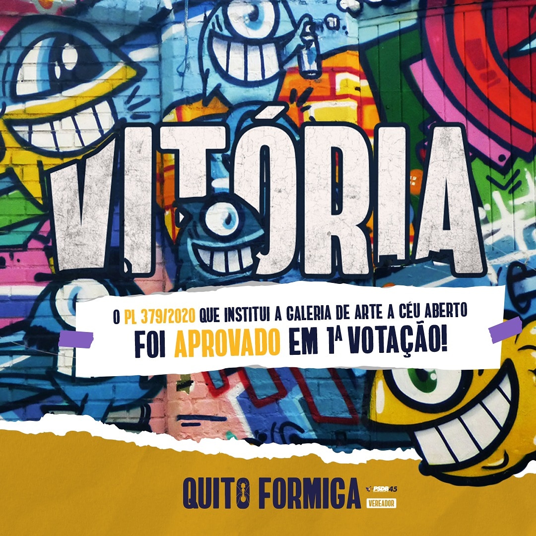 vquitoformiga's tweet photo. Mais uma grande conquista para a cultura paulistana. Hoje foi aprovado em primeira votação o PL 379/2020, de minha autoria, que institui a galeria de arte céu aberto na cidade de São Paulo! É a cultura tomando conta das ruas e ganhando o reconhecimento que merece. https://t.co/cLQGfa9uYR