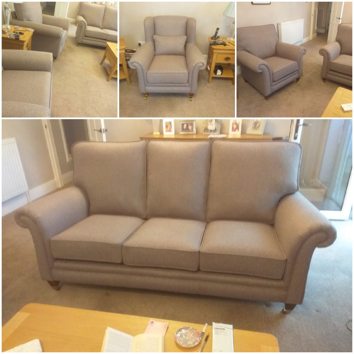 Sofa and two chairs reupholstered in a nice tweed fabric.