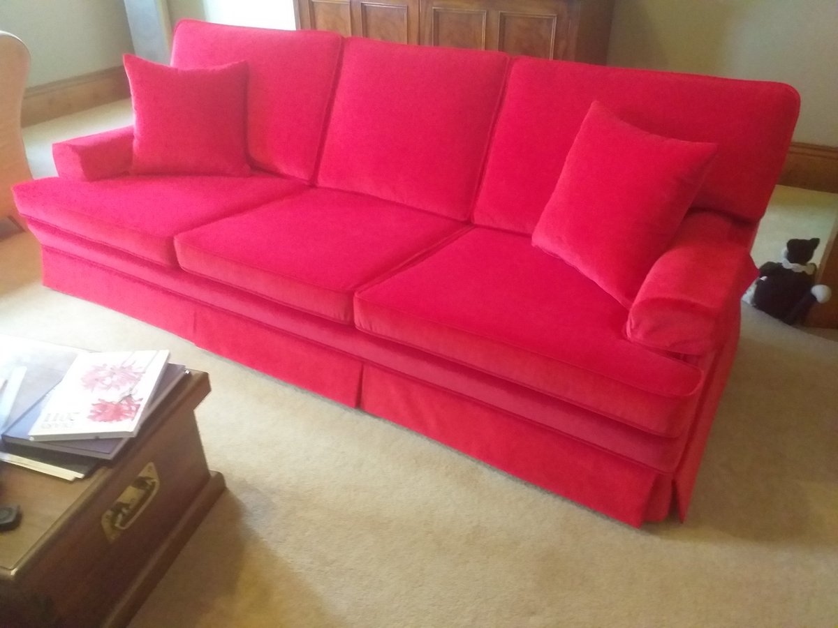 Another sofa reupholstered in Linwood velvet ,the customer has decided to get their two  matching chairs upholstered after receiving their sofa back.