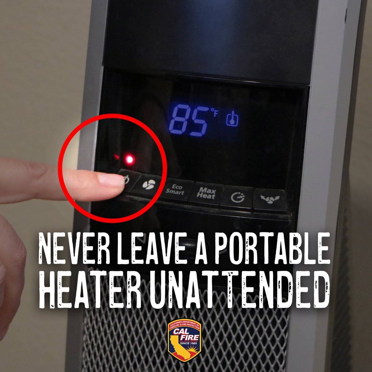 CAL FIRE on X: If you are using a portable #heater during these colder  months be sure to never leave it unattended. You can prevent a fire  disaster by turning heaters off