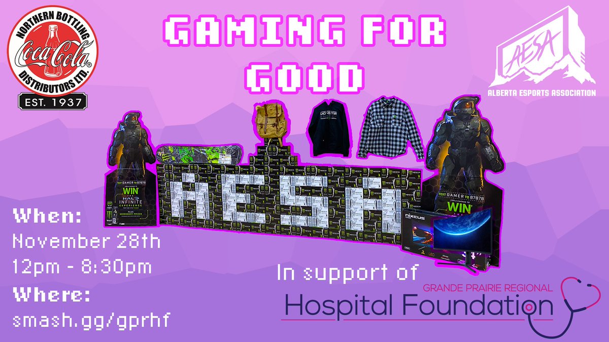 EsportsAlberta's tweet photo. This Saturday is our Gaming for Good fundraiser for the @GPRHFoundation! Compete &amp; donate for a chance to win thousands of dollars worth of prizes, courtesy of @MonsterEnergy &amp; more! 

🎫$5 (donation)
📋https://t.co/1vW0B9qz0I
💜https://t.co/5KmeKD8sLx
⏰Signup ends Nov 27 https://t.co/VyY4U0YB5Z