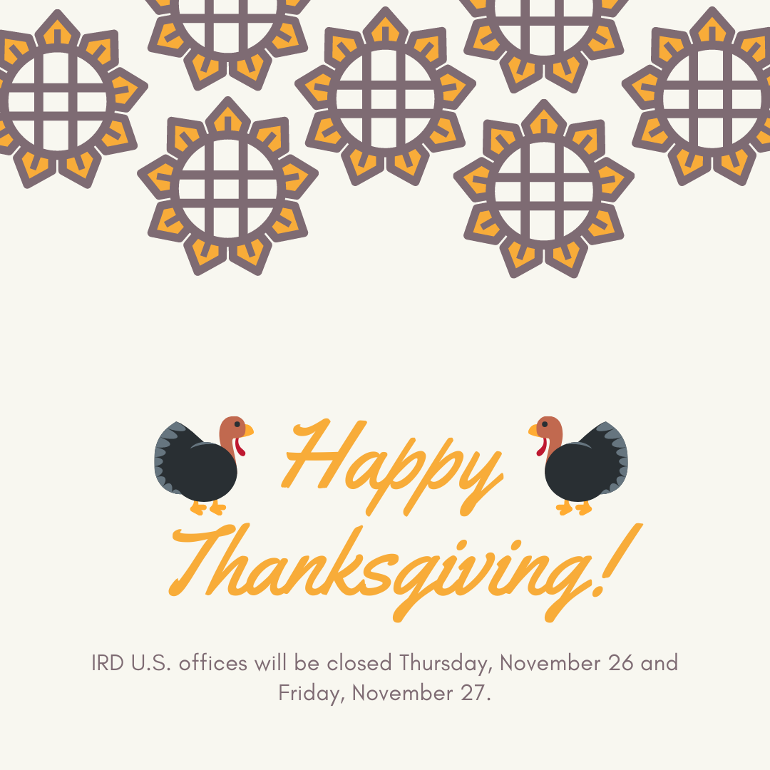 IRDInc1's tweet photo. IRD U.S. offices will be closed Thursday, November 26 and Friday, November 27, while our team members celebrate Thanksgiving. We wish everyone a fun and safe long weekend! https://t.co/8f48b0rcpo