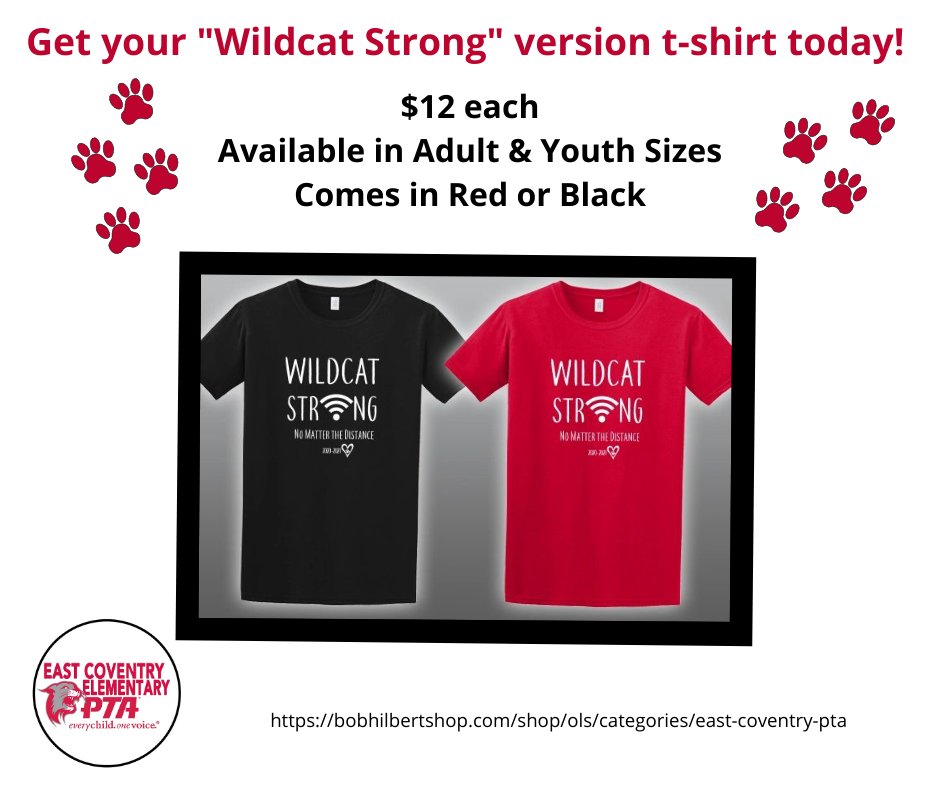 CoventryPta's tweet photo. East Coventry PTA is selling "Wildcat Strong No Matter the Distance 2020-2021" t-shirt, click below: https://t.co/FiQSjuKCjq
Orders due 11/29
@ojrsd_supt @OJRSDEC @OJRHS @OJRSD @ojrsdMS https://t.co/5MGyk71VF8